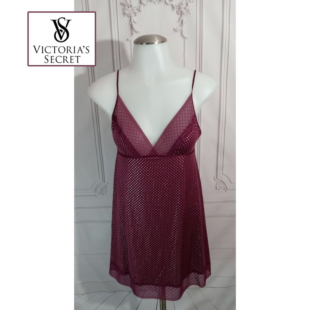Victoria's Secret Polka Dot Burgundy & Silver Lingerie Slip Dress Sz S